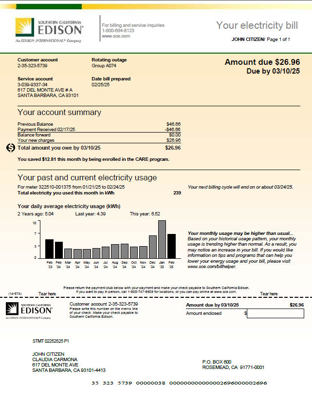 USA Southern California Edison utility bill template in Word and PDF formats, version 2
